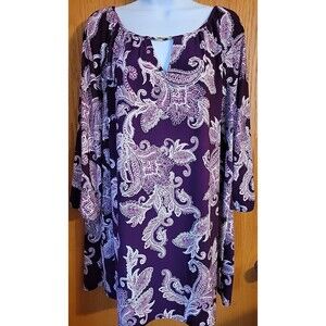 Roz & Ali Womens Tunic Top XL Burgundy Paisley Floral Stretch Knit Scoop Neck